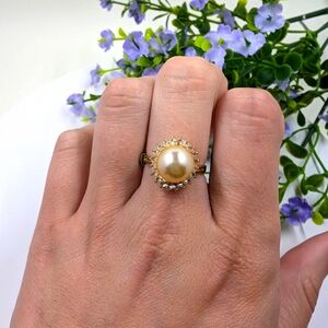 Gorgeous Pearl and Crystal Gold Plated Halo Ring with Size Adjuster